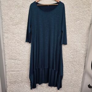 Kozan Midi Dress Women's XL Green Blue 3/4 Sleeve Lagenlook Banded Hem Stretch